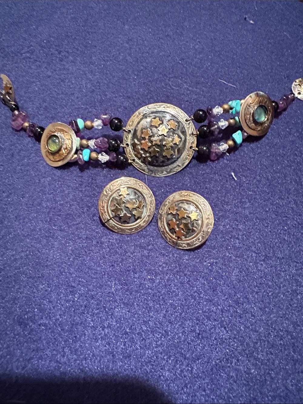 Boho Star Medallion Purple Turquoise Necklace and Earring Set